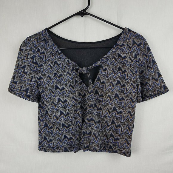 Zara Tops - Zara Womens Multicolor Zig Zag Short Sleeve Keyhole Neck Cropped Top Size Small